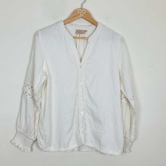 Rungolee white / cream seersucker Phoebe blouse. Ric rac and ruffle details. S - Picture 1 of 6